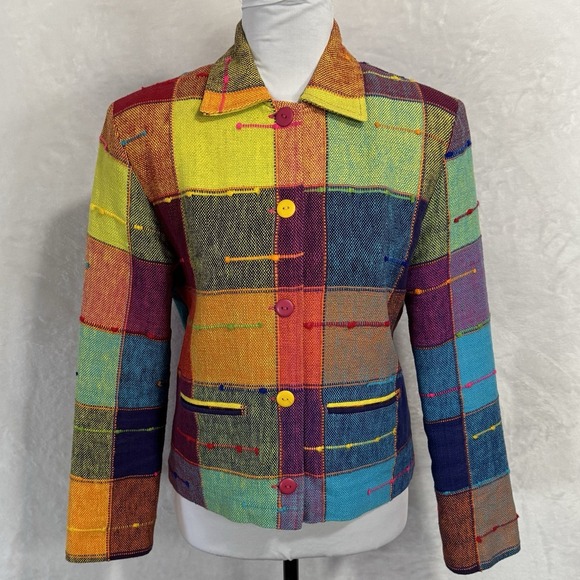 Vintage Rainbow Blazer Jacket Size XS Boxy Colorful Neon Pop Art Deco Tribal 90s - Picture 5 of 15